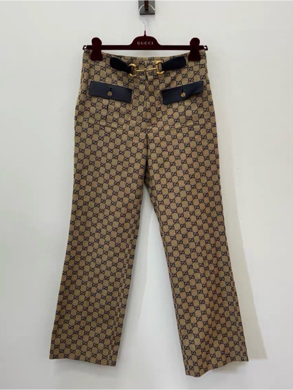 Gucci Beige Monogram Chinos with Black Leather Trim and Gold Hardware